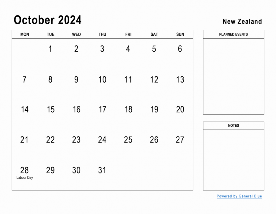 October  Planner with New Zealand Holidays