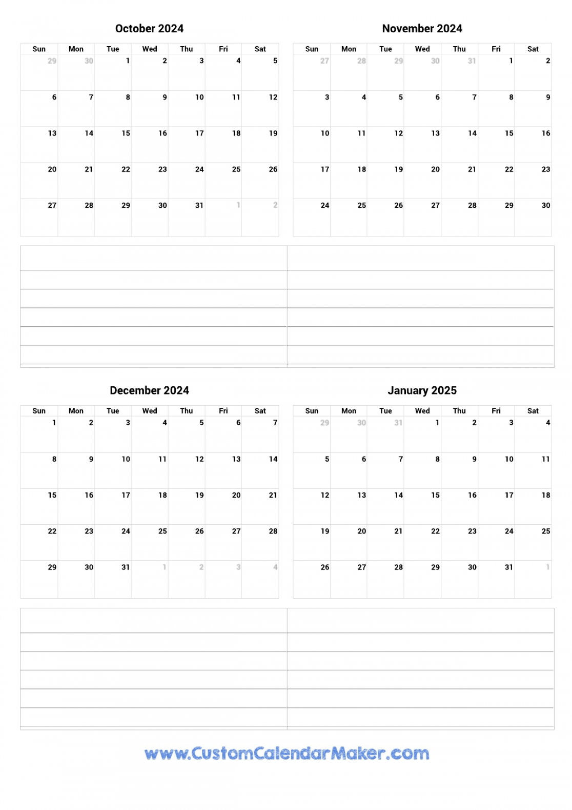 October  to January  Printable Calendar
