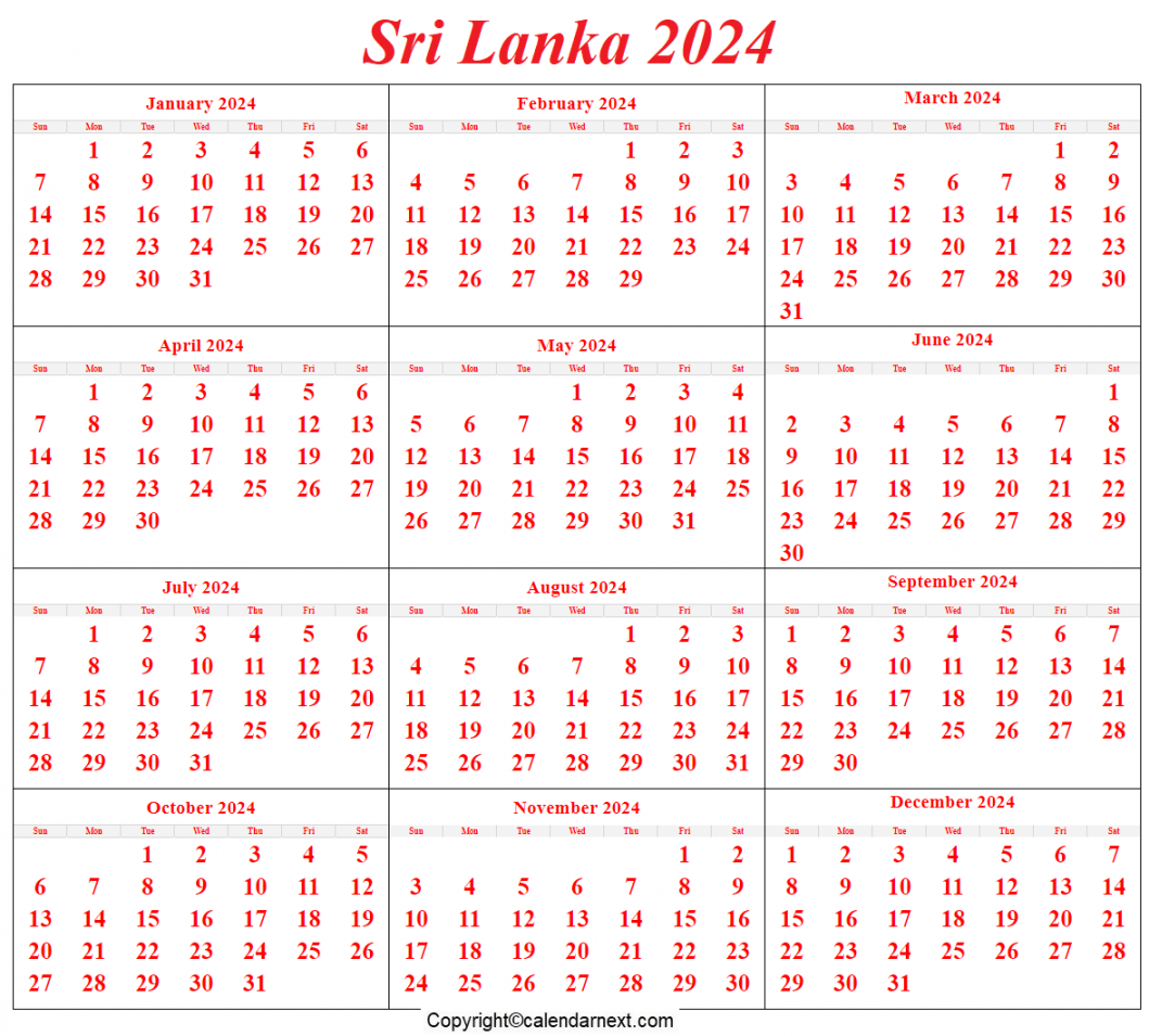 Printable Sri Lanka  Calendar Template with Holidays