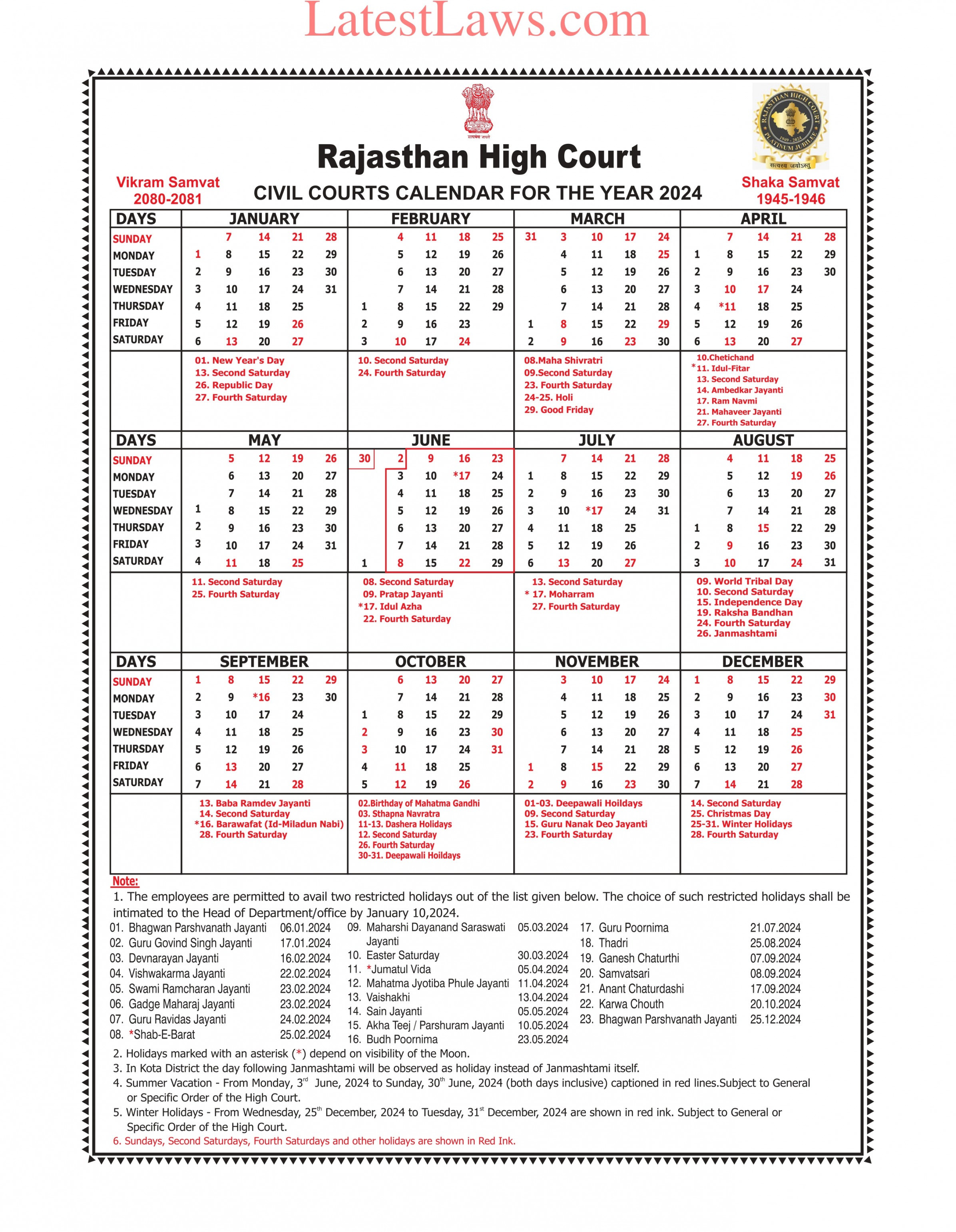 Rajasthan High Court Calendar,
