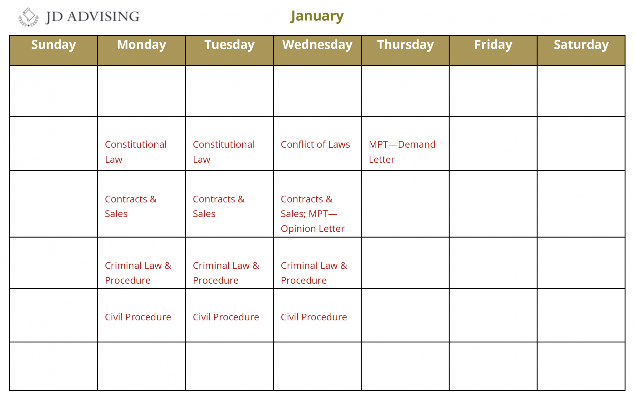 Sample Bar Exam Study Schedule for February Takers - JD Advising