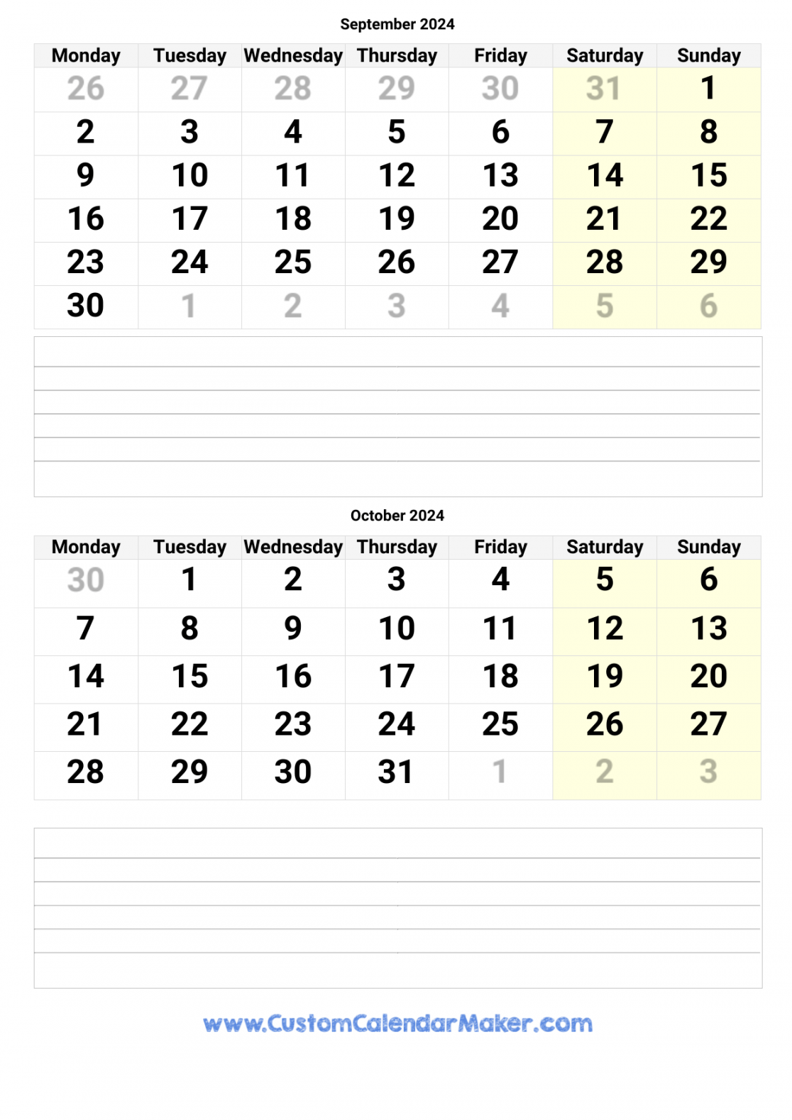 September and October  Printable Calendar Template