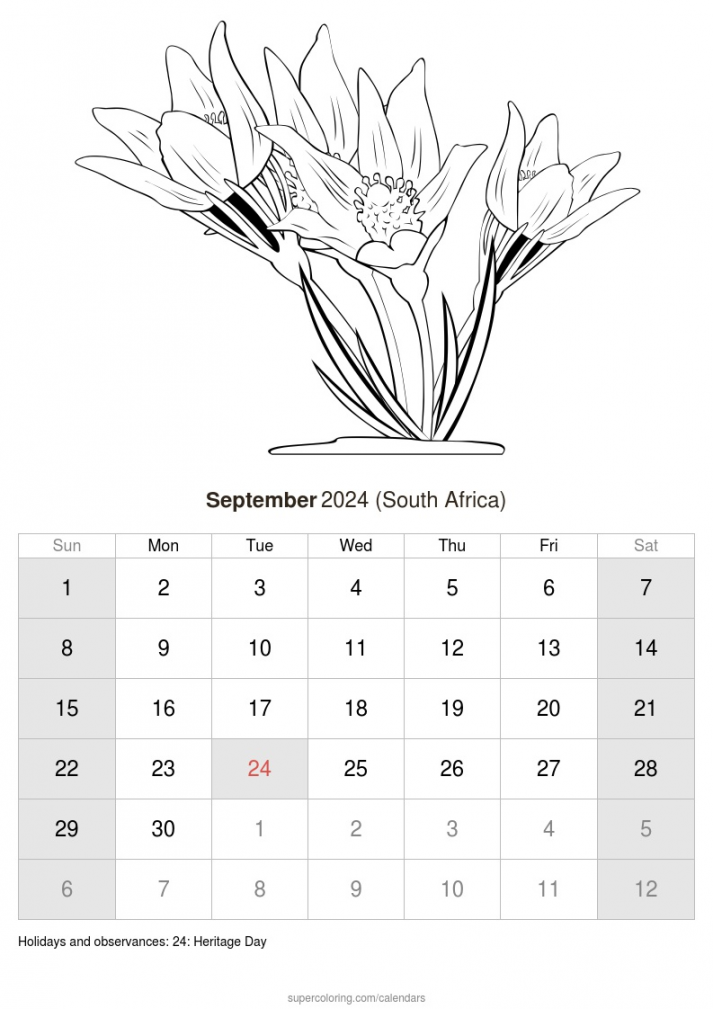 September  calendar - South Africa