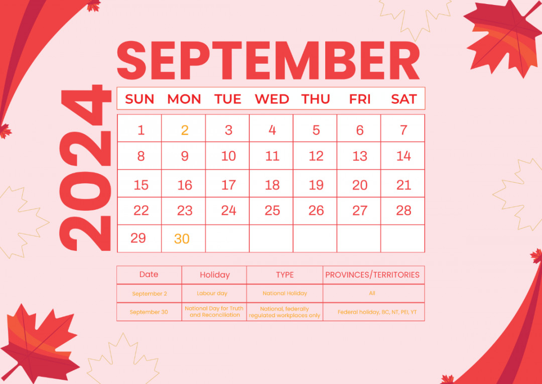 September  Calendar with Holidays Canada Template - Edit