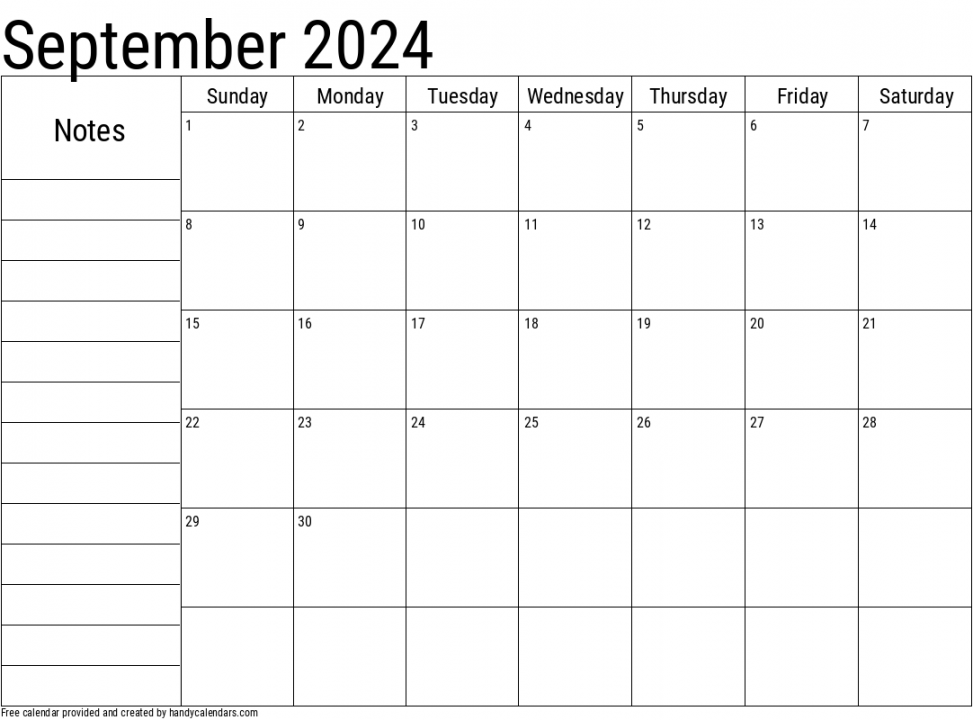 September  Calendar With Notes - Handy Calendars