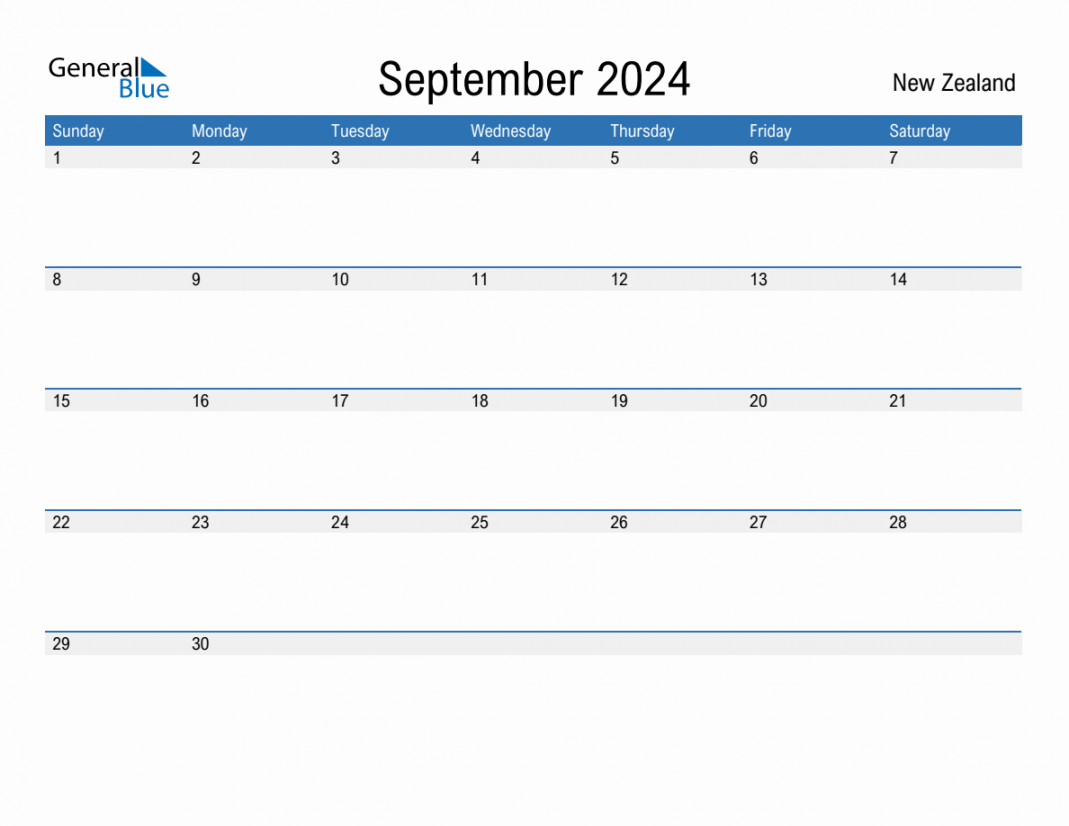 September  Monthly Calendar with New Zealand Holidays