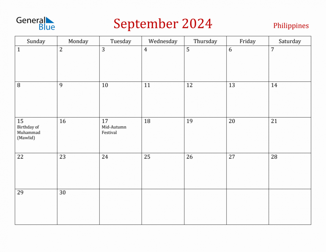 September  Philippines Monthly Calendar with Holidays