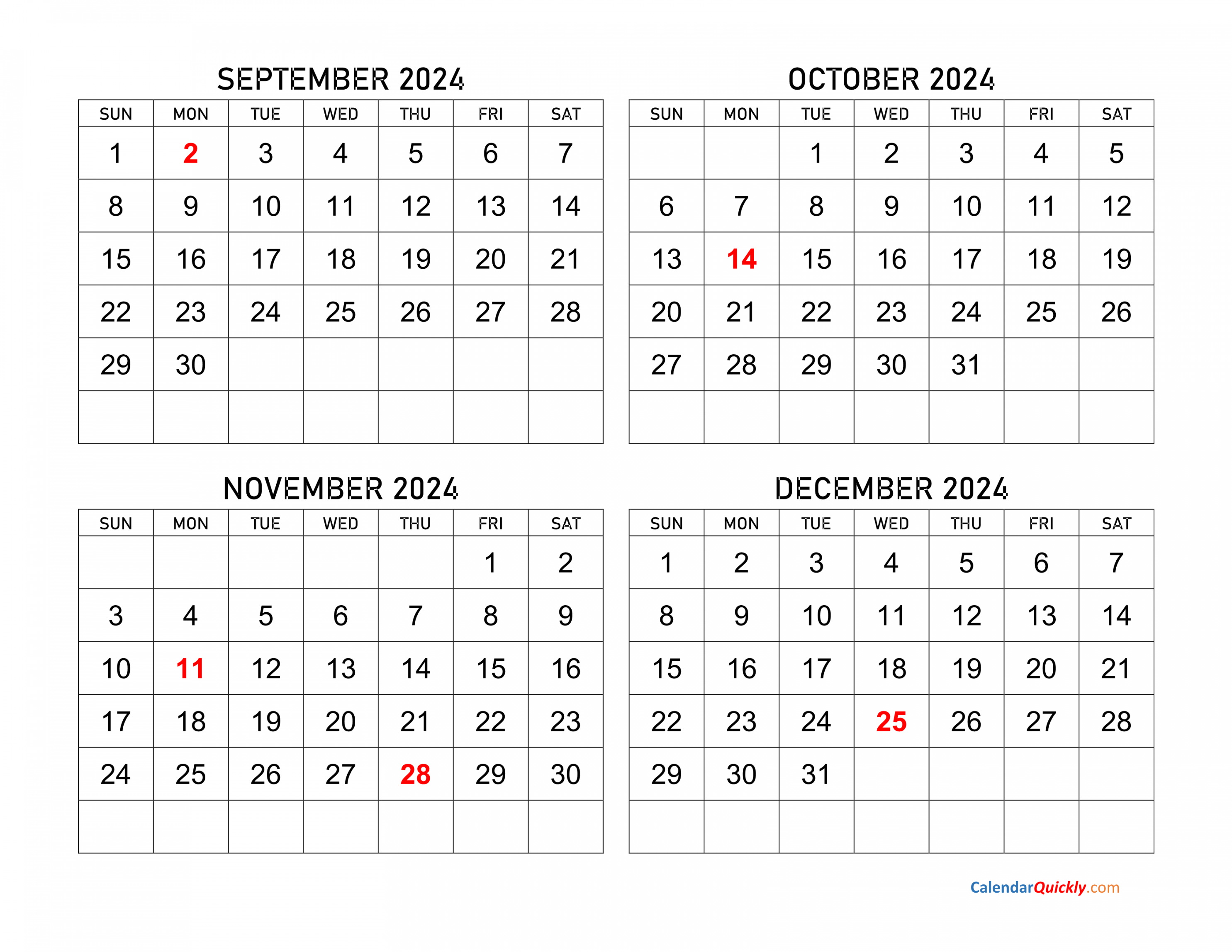 September to December  Calendar  Calendar Quickly