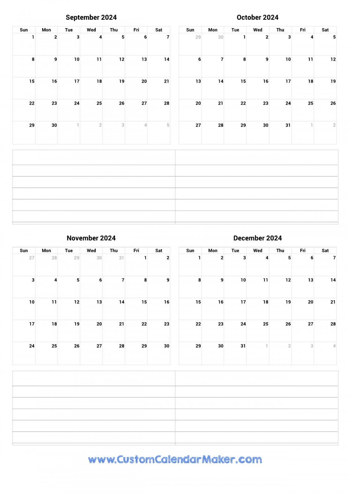 september to december printable calendar