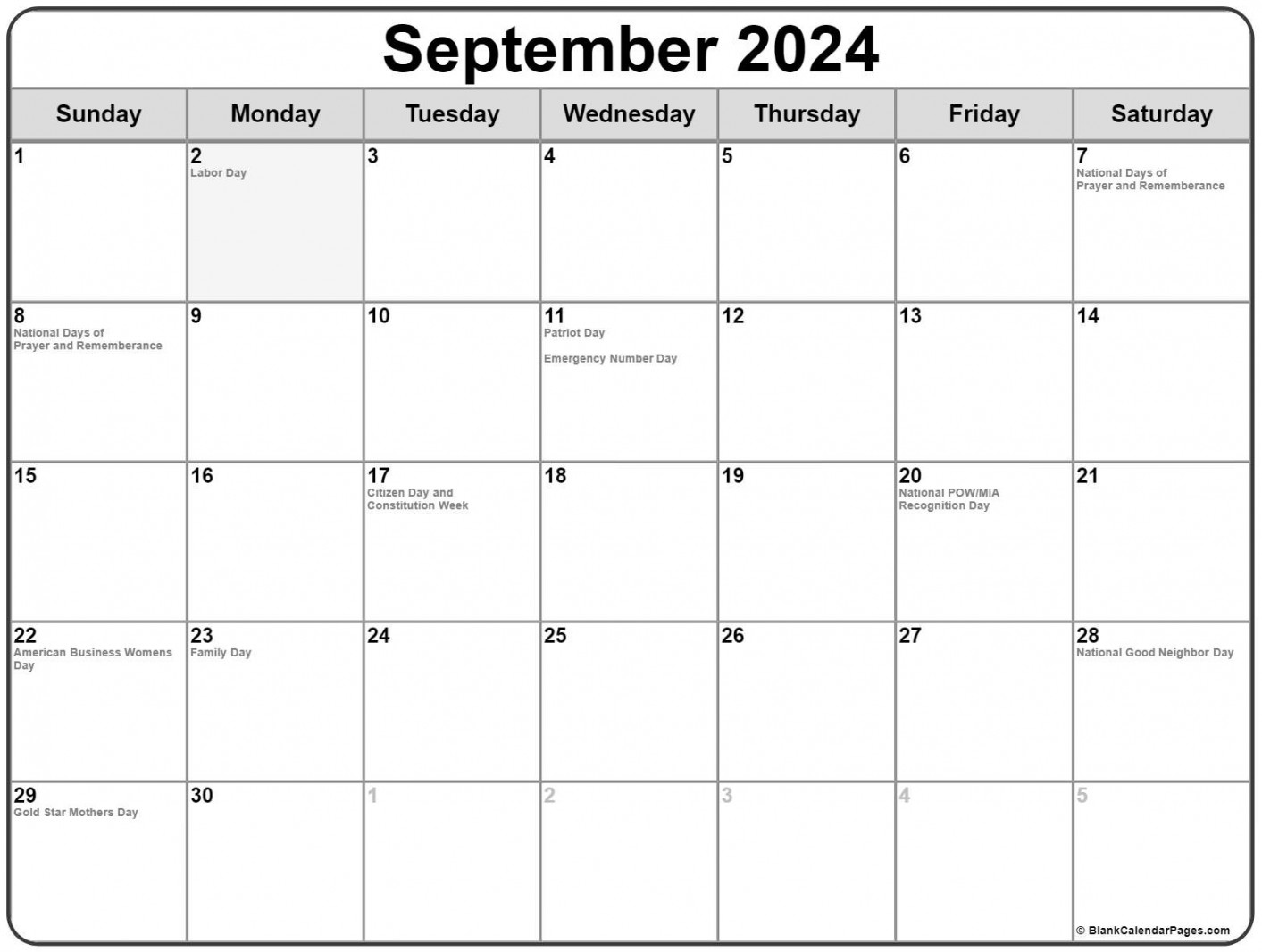 September  with holidays calendar