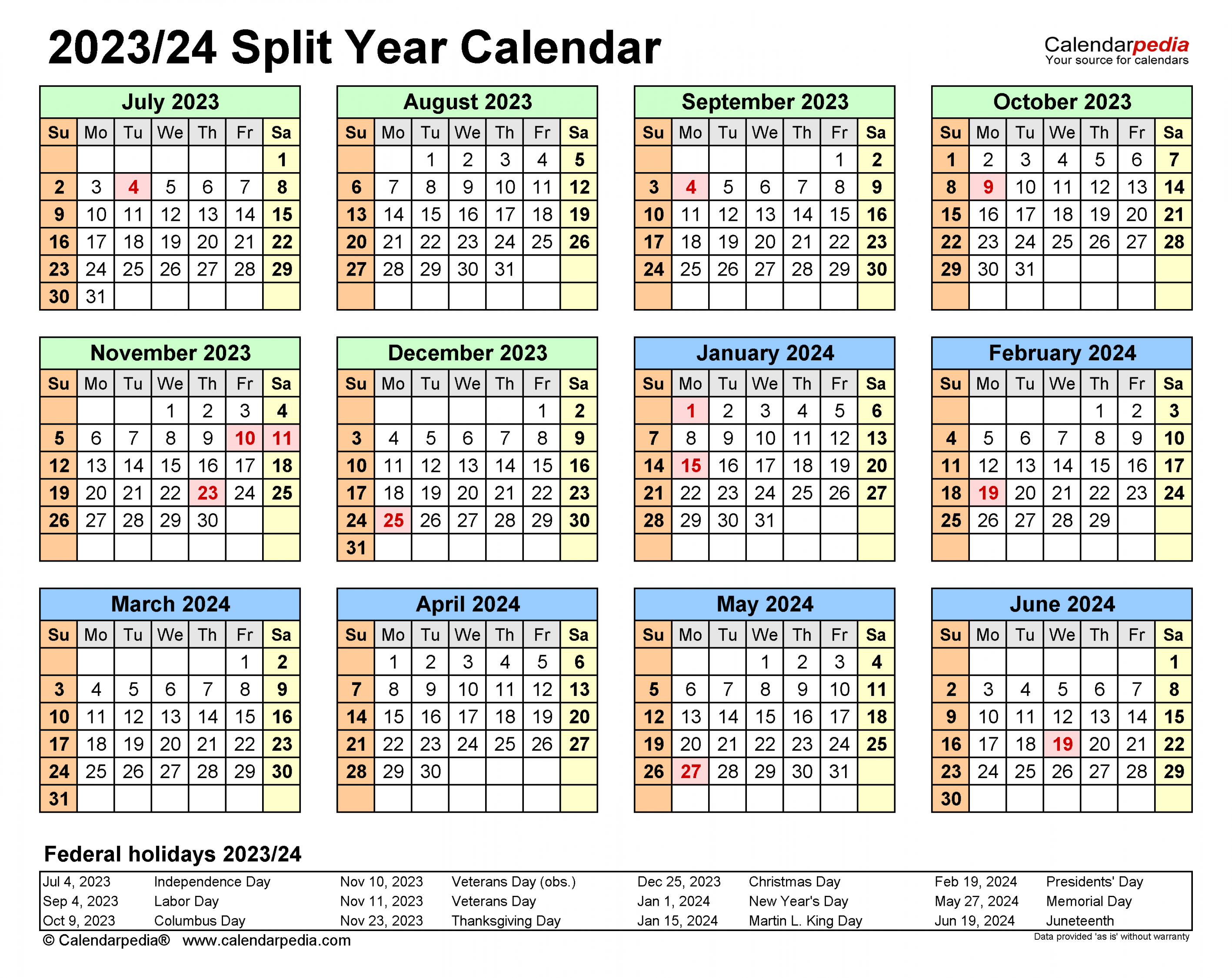 Split Year Calendars / (July to June) - Excel templates