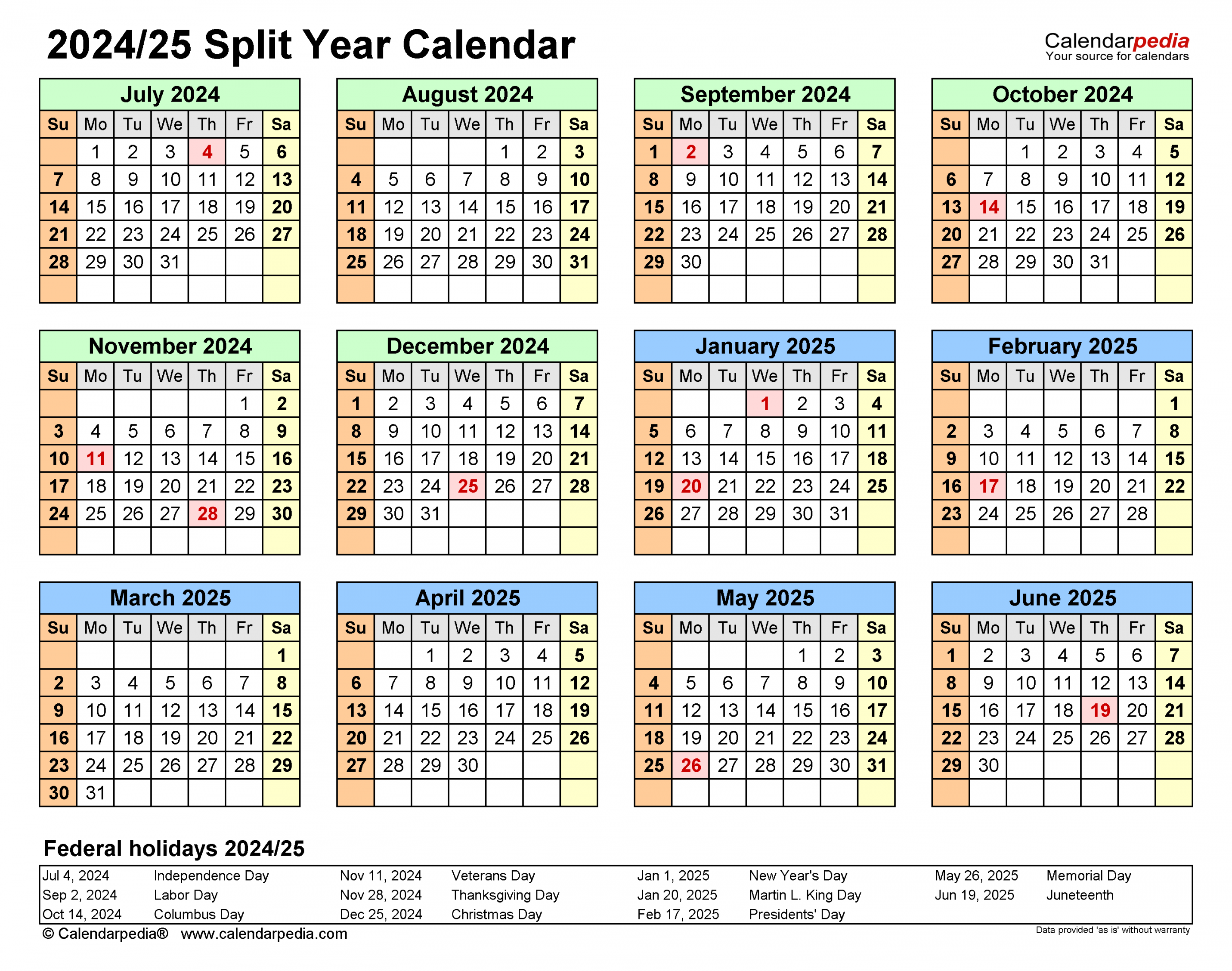 Split Year Calendars / (July to June) - PDF templates