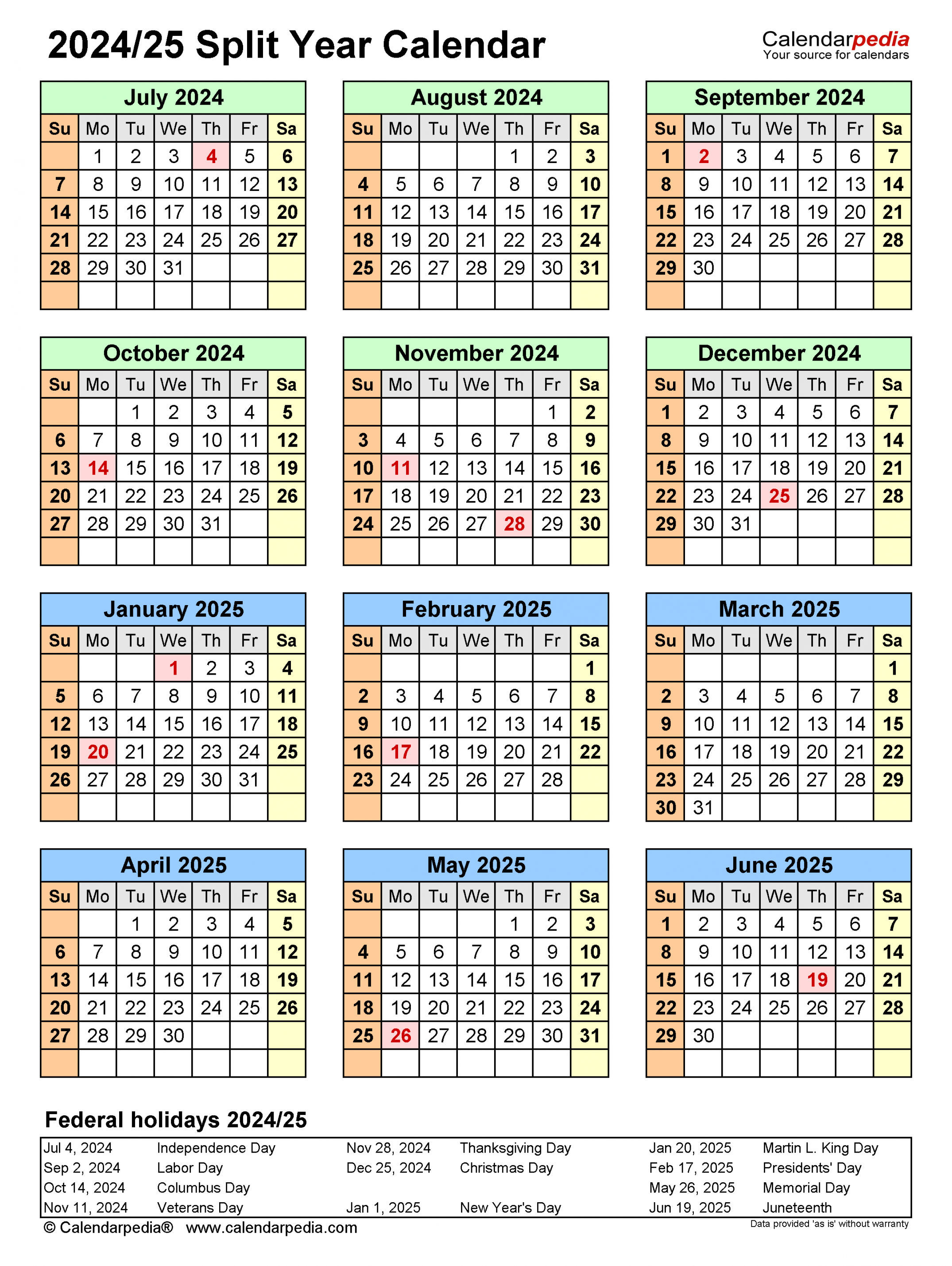 Split Year Calendars / (July to June) - PDF templates