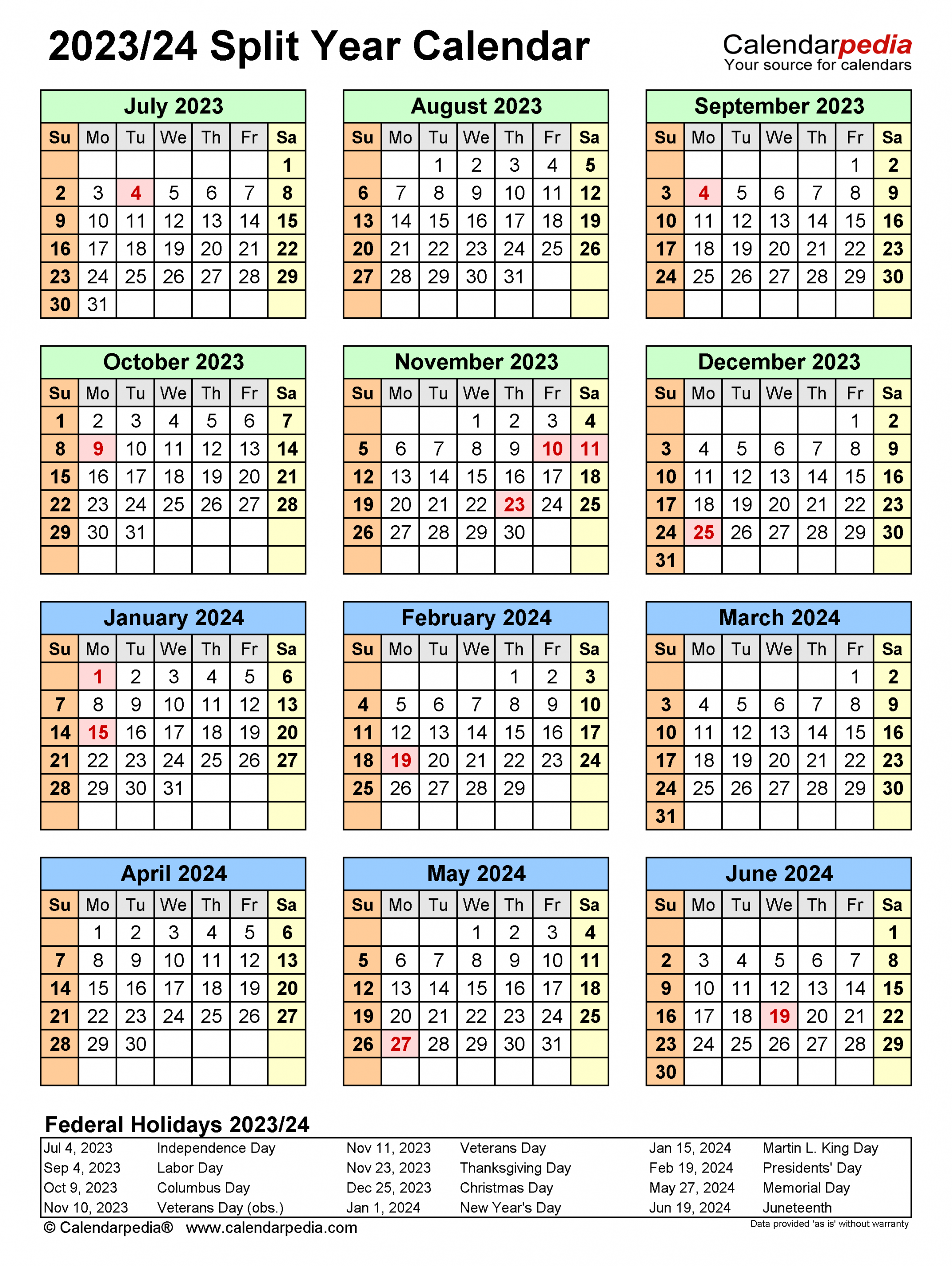 Split Year Calendars / (July to June) - Word templates