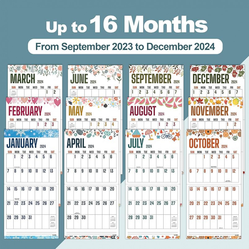 SUNEE  Large Print Wall Calendar  x , Now to December , Hanging  Big Grid Monthly Calendar, Seasons Pattern