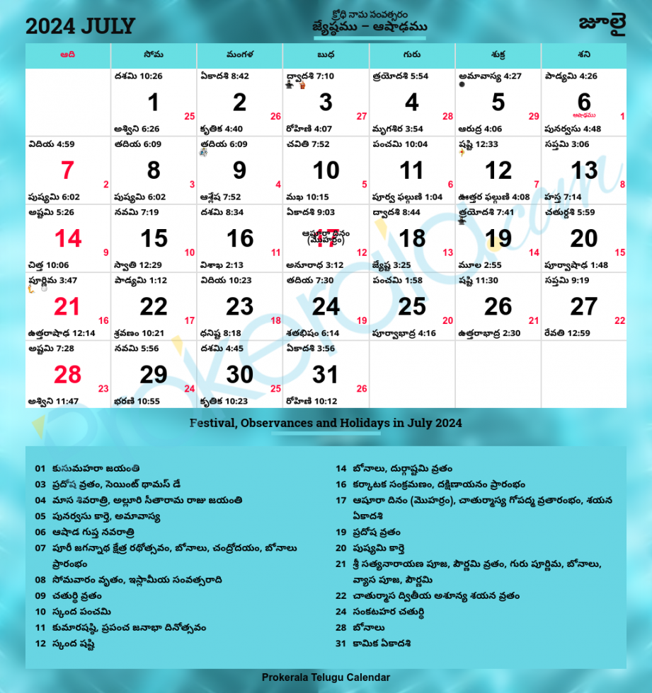 Telugu Calendar , July