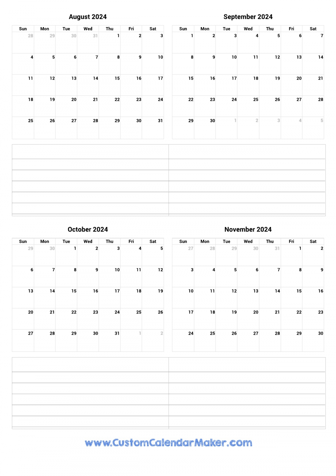 August to November  Printable Calendar
