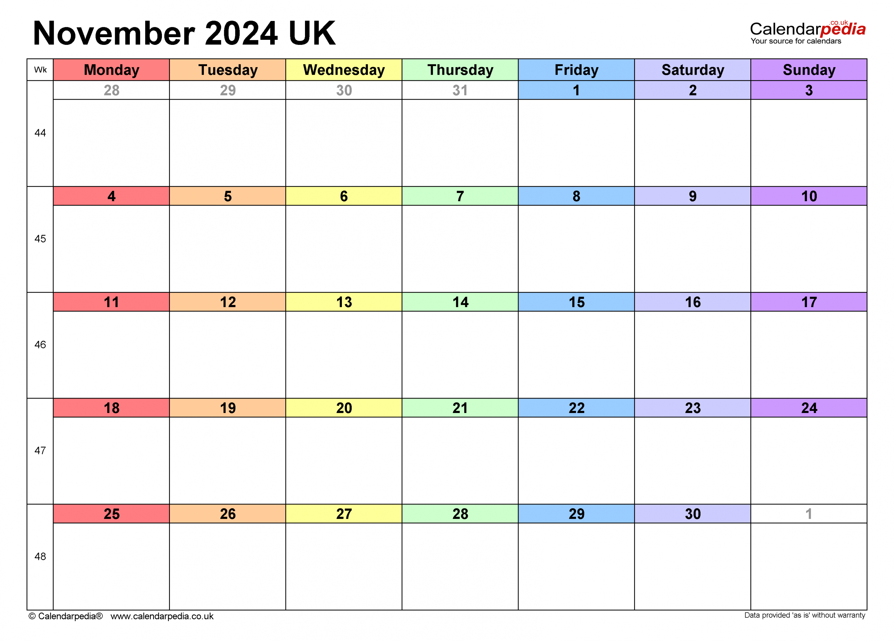 Calendar November  UK with Excel, Word and PDF templates