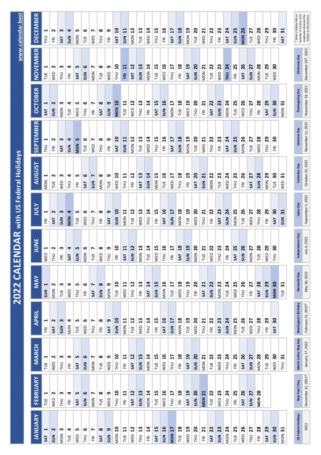 calendar with holidays (US Federal Holidays)