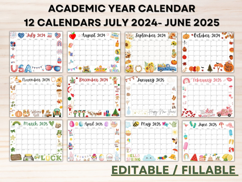Editable School Calendar - From July to June Printable Kids School  Schedule Homeschool Calendar W/ Cute Designs for Learning - Etsy