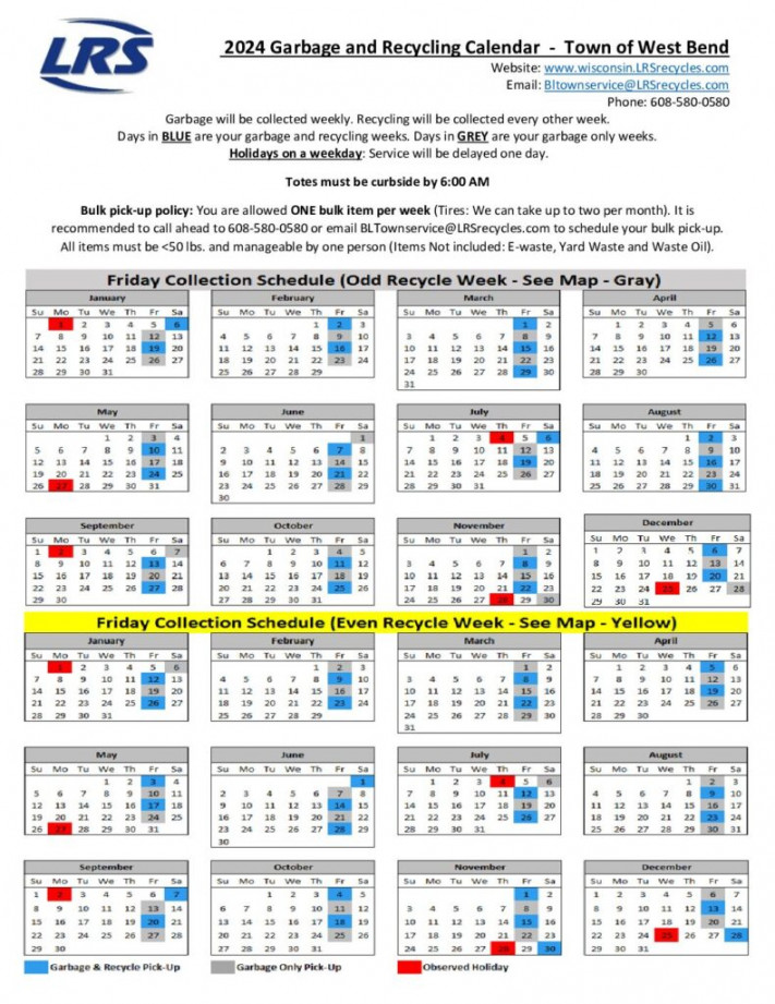 Garbage and Recycling Calendar  - Town of West Bend
