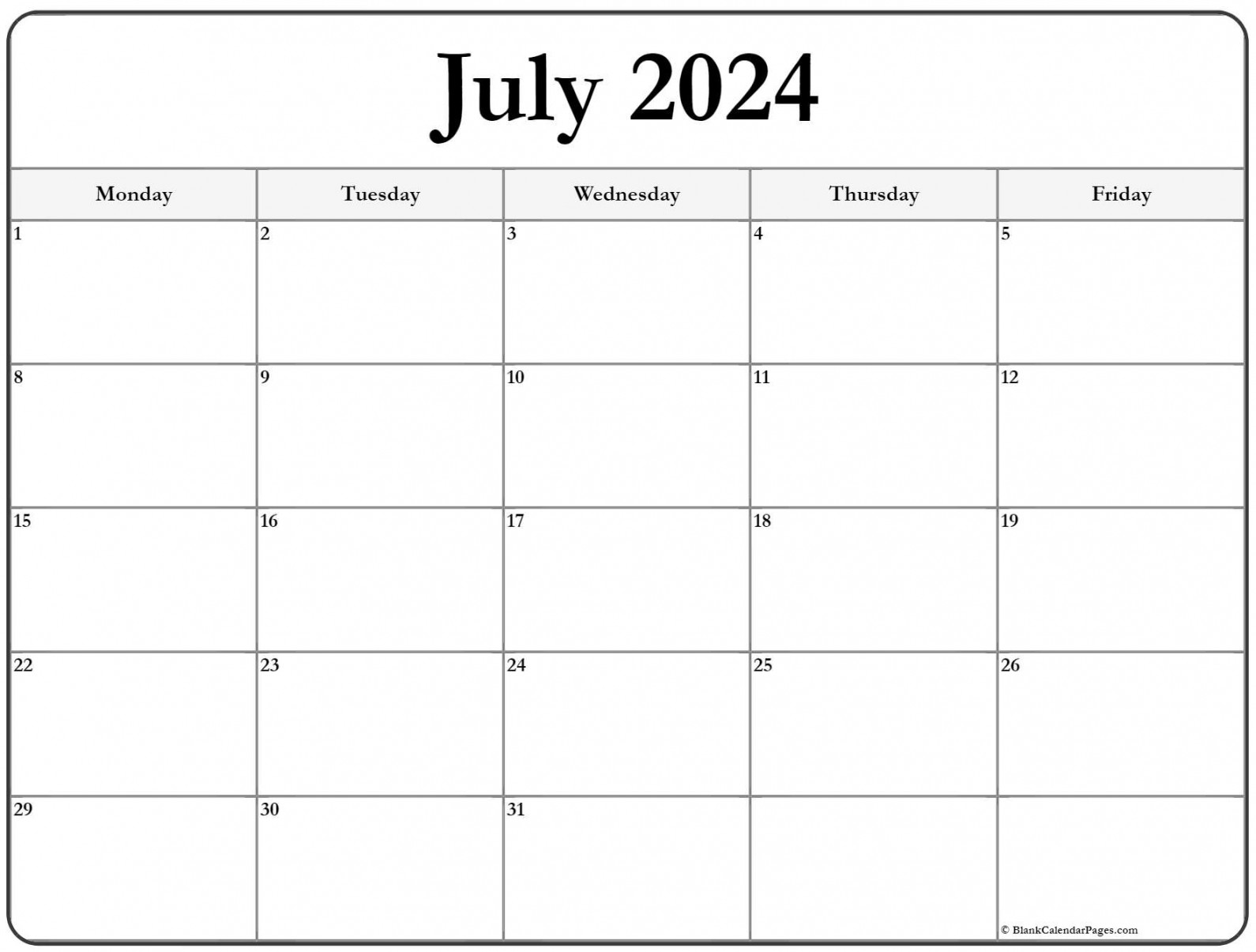 july monday calendar monday to sunday 1
