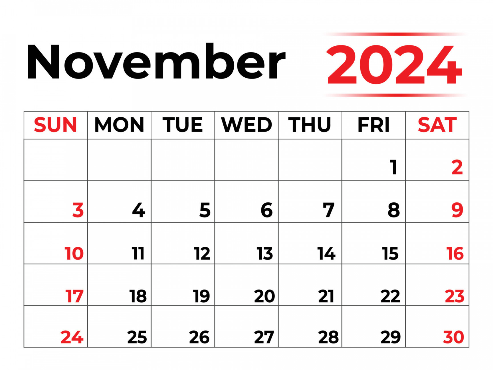 November  calendar with very clean look, week starts from