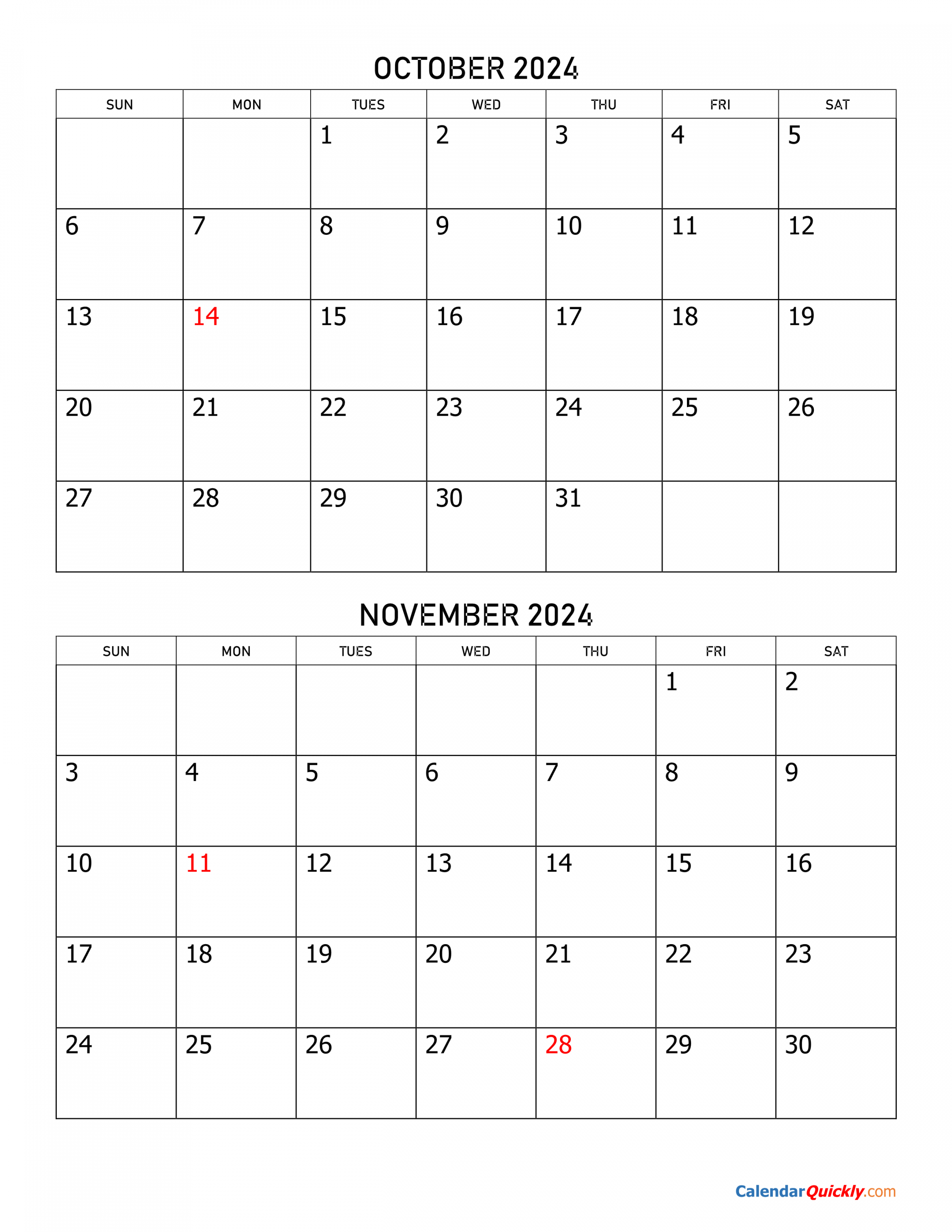 October and November  Calendar  Calendar Quickly
