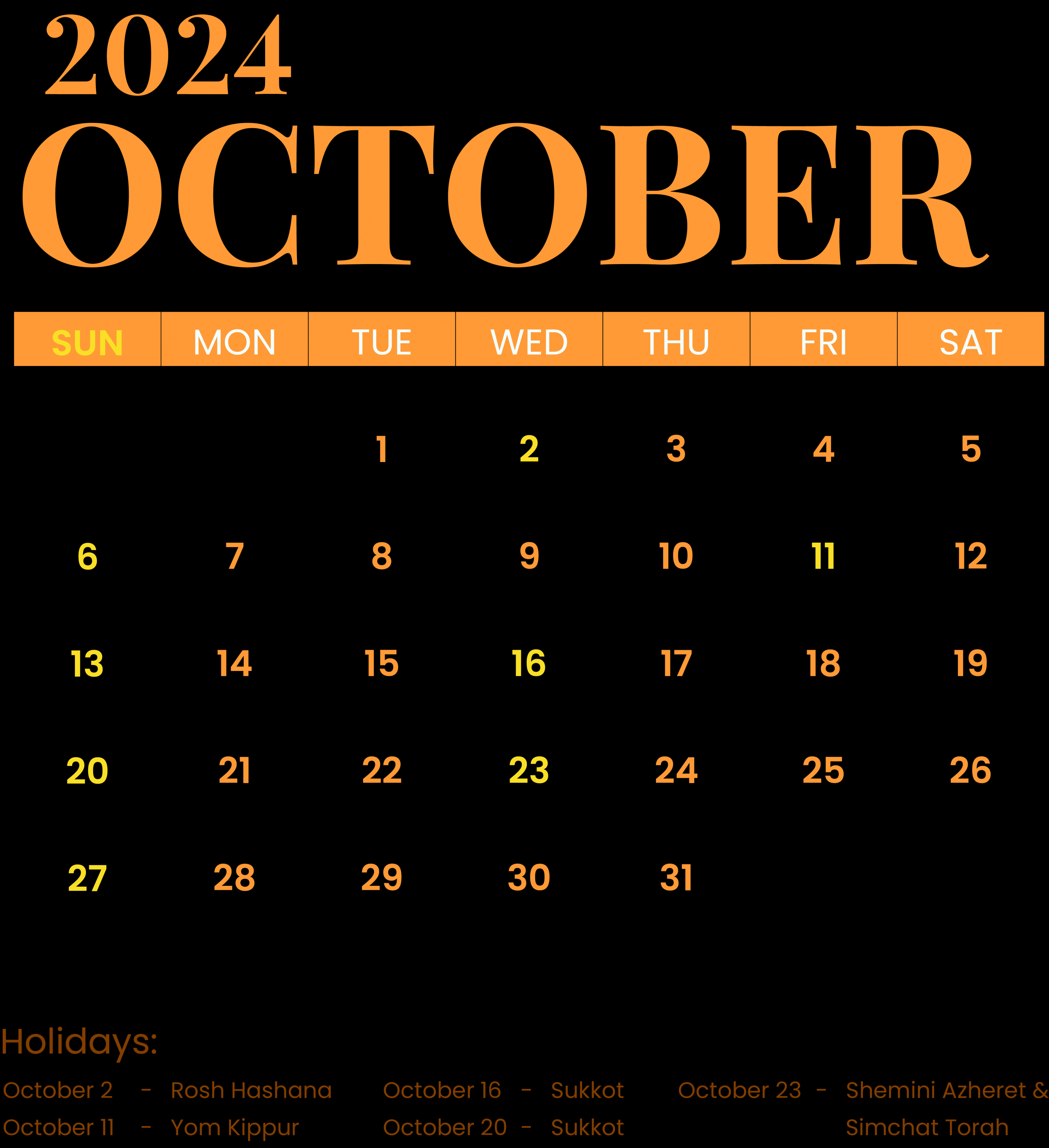 October Calendar  with Jewish Holidays Template - Edit Online