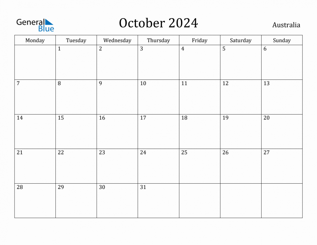 october monthly calendar with australia holidays