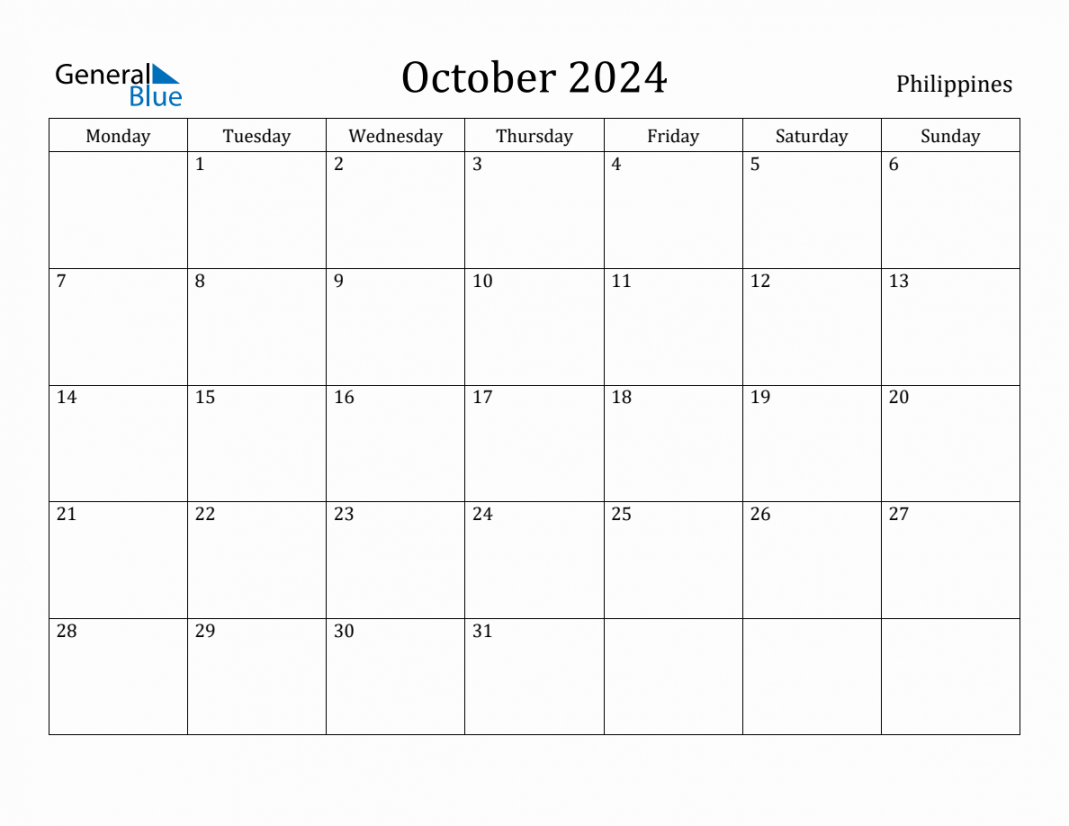 October  - Philippines Monthly Calendar with Holidays