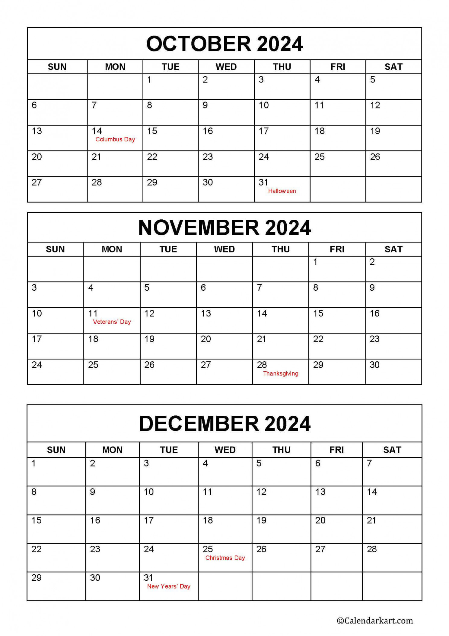 October to December  Calendar (Q) - CalendarKart