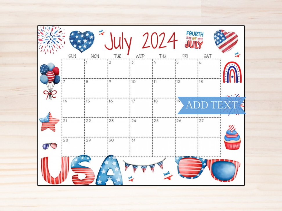 Printable Fourth of July  Calendar, Editable Summer Calendar With  American Flag, Monthly Calendar, Fillable Calendar, July Planner - Etsy