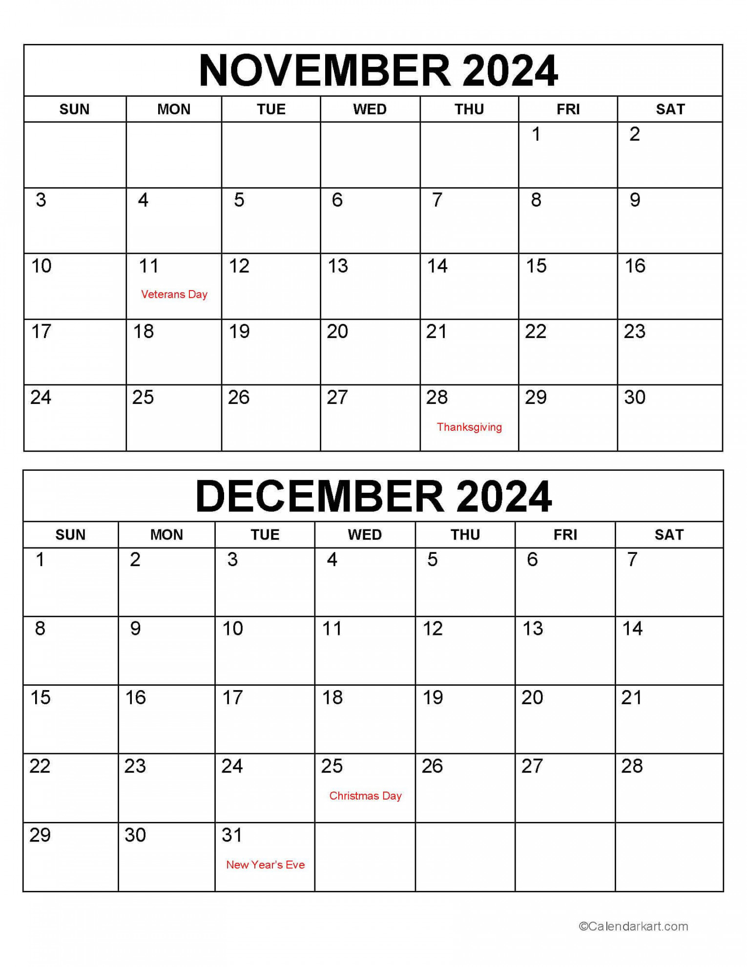 Printable November December  Calendars  Calendarkart