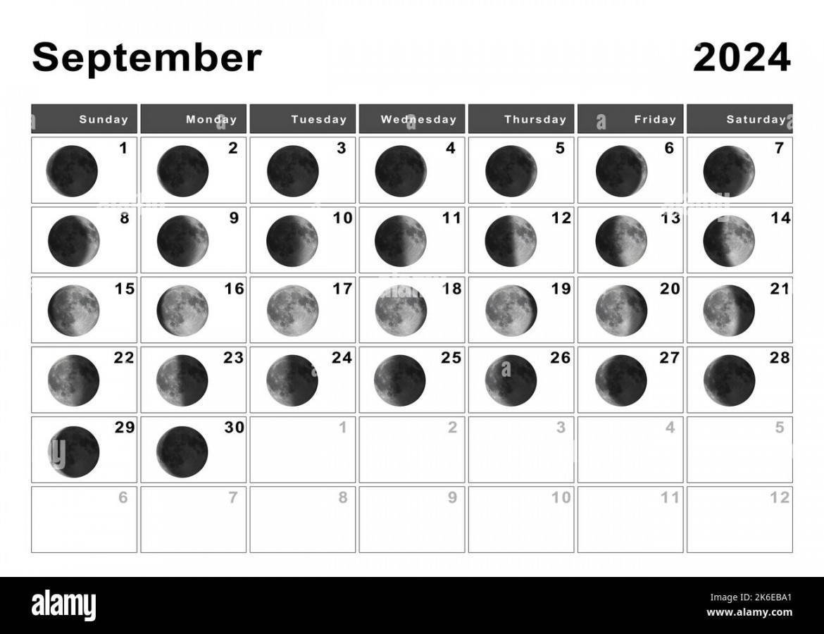 September  Lunar calendar, Moon cycles, Moon Phases Stock