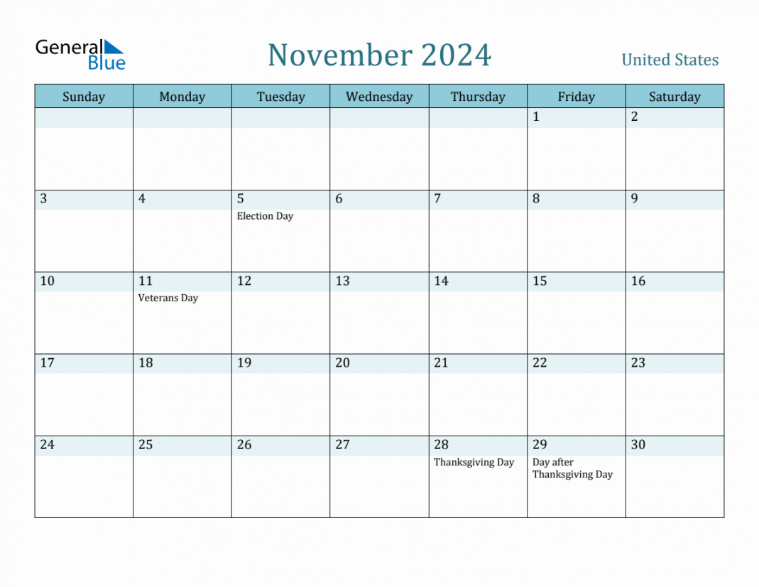 United States Holiday Calendar for November