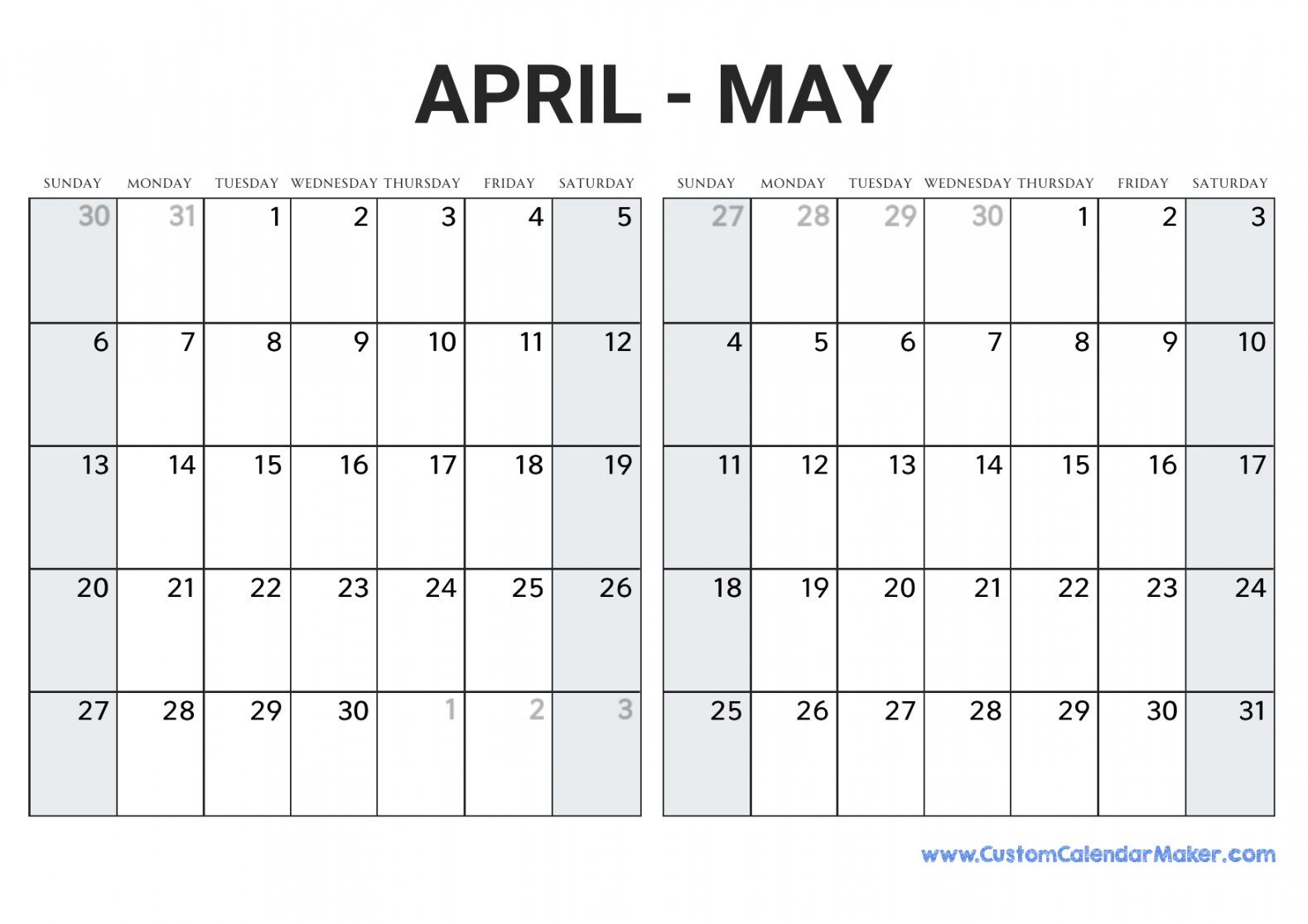 April and May  Calendar