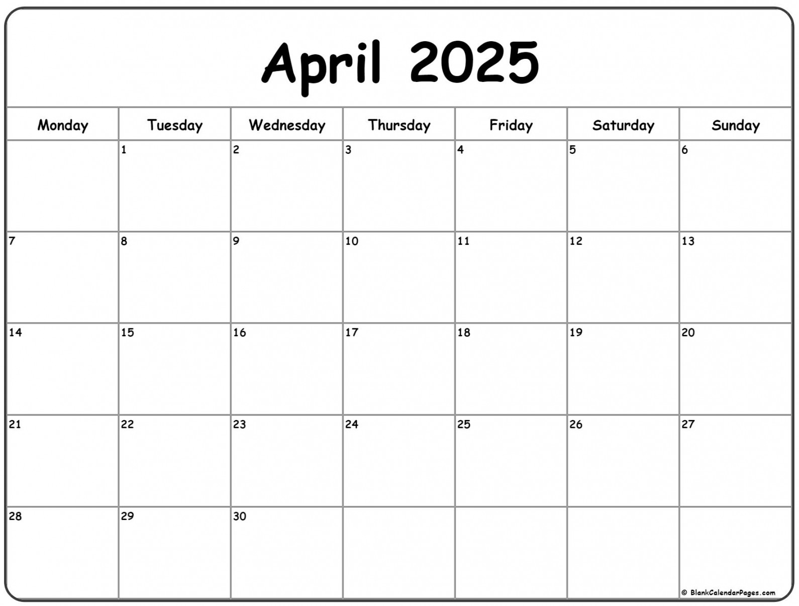 April  Monday Calendar  Monday to Sunday