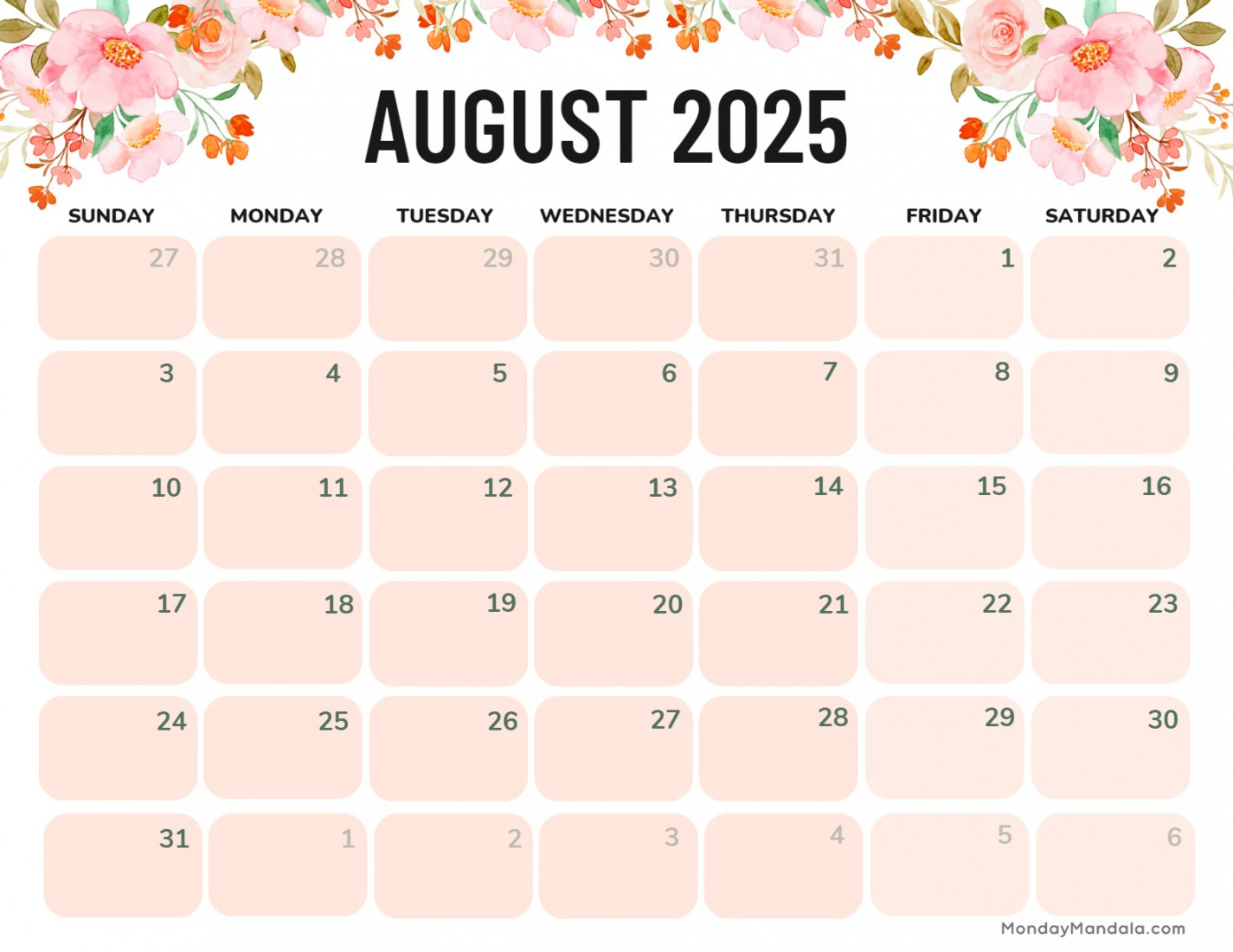 August  Calendar ( Free PDF Printables)