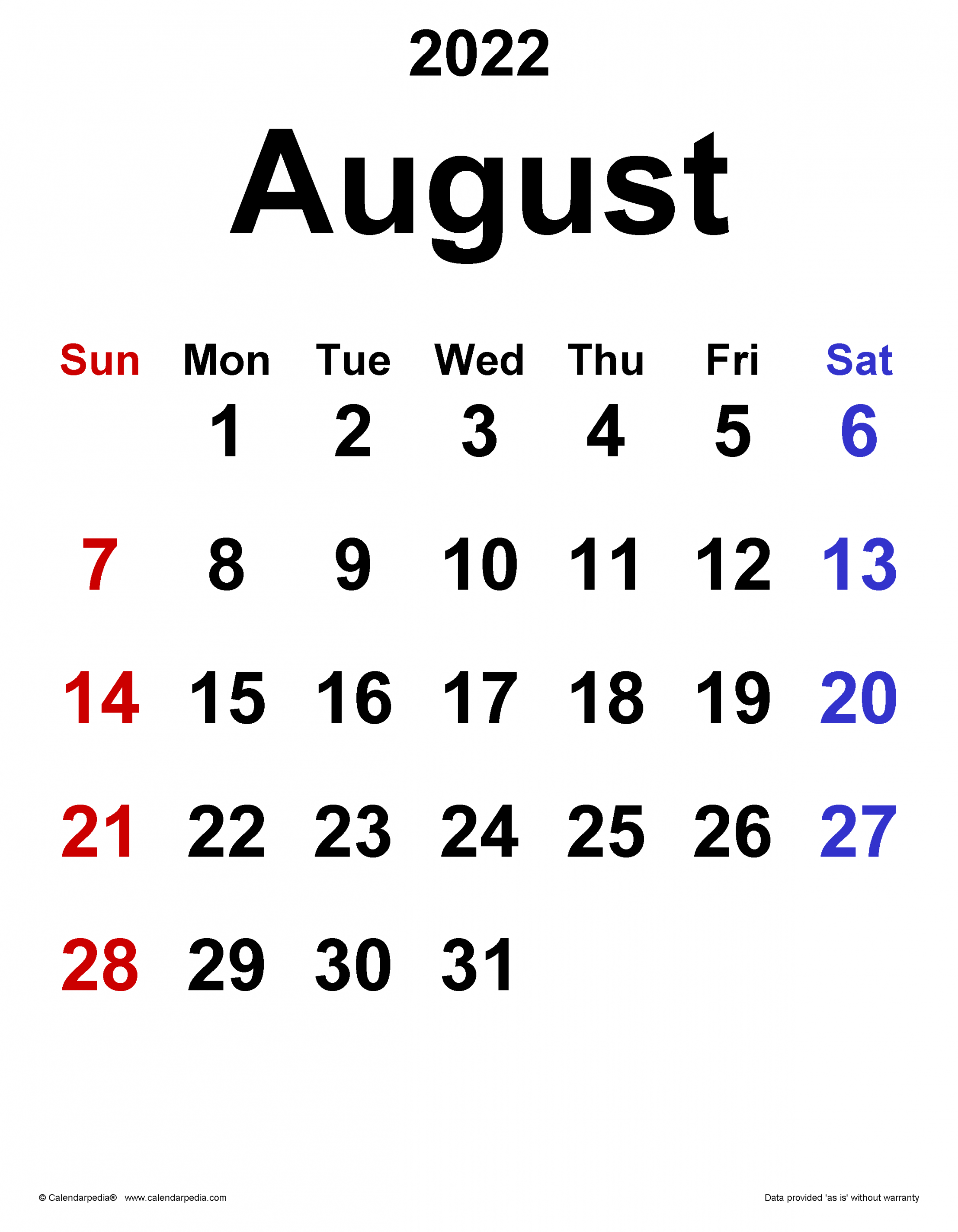 August  Calendar  Templates for Word, Excel and PDF