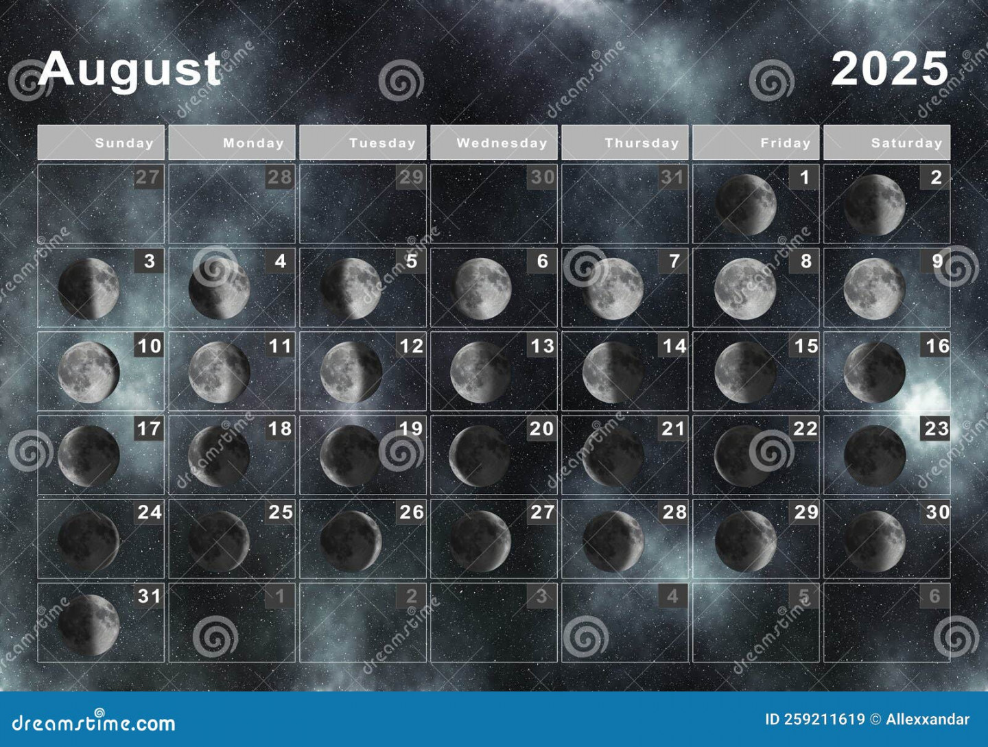 august lunar calendar moon cycles stock illustration