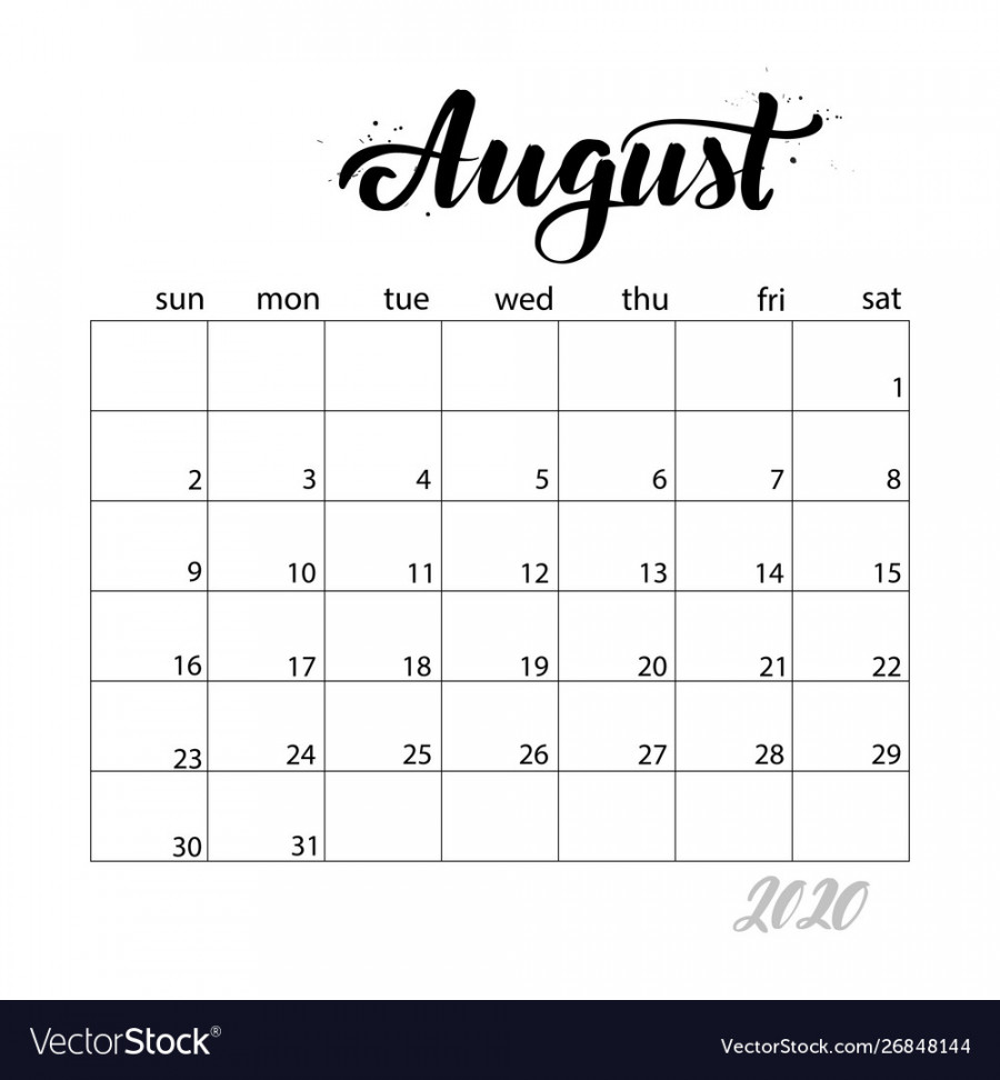 August monthly calendar for  year Royalty Free Vector