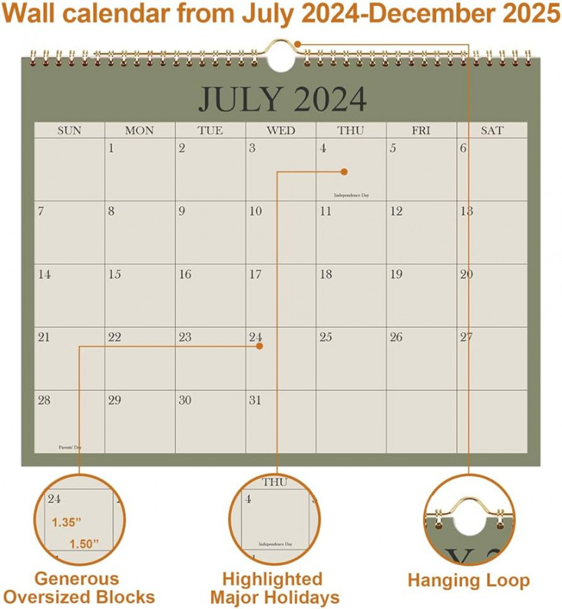 Calendar -, Wall Calendar from July  - December ,  Months  Calendar with Premium Paper, Twin-Wire Binding & Hanging Hook,