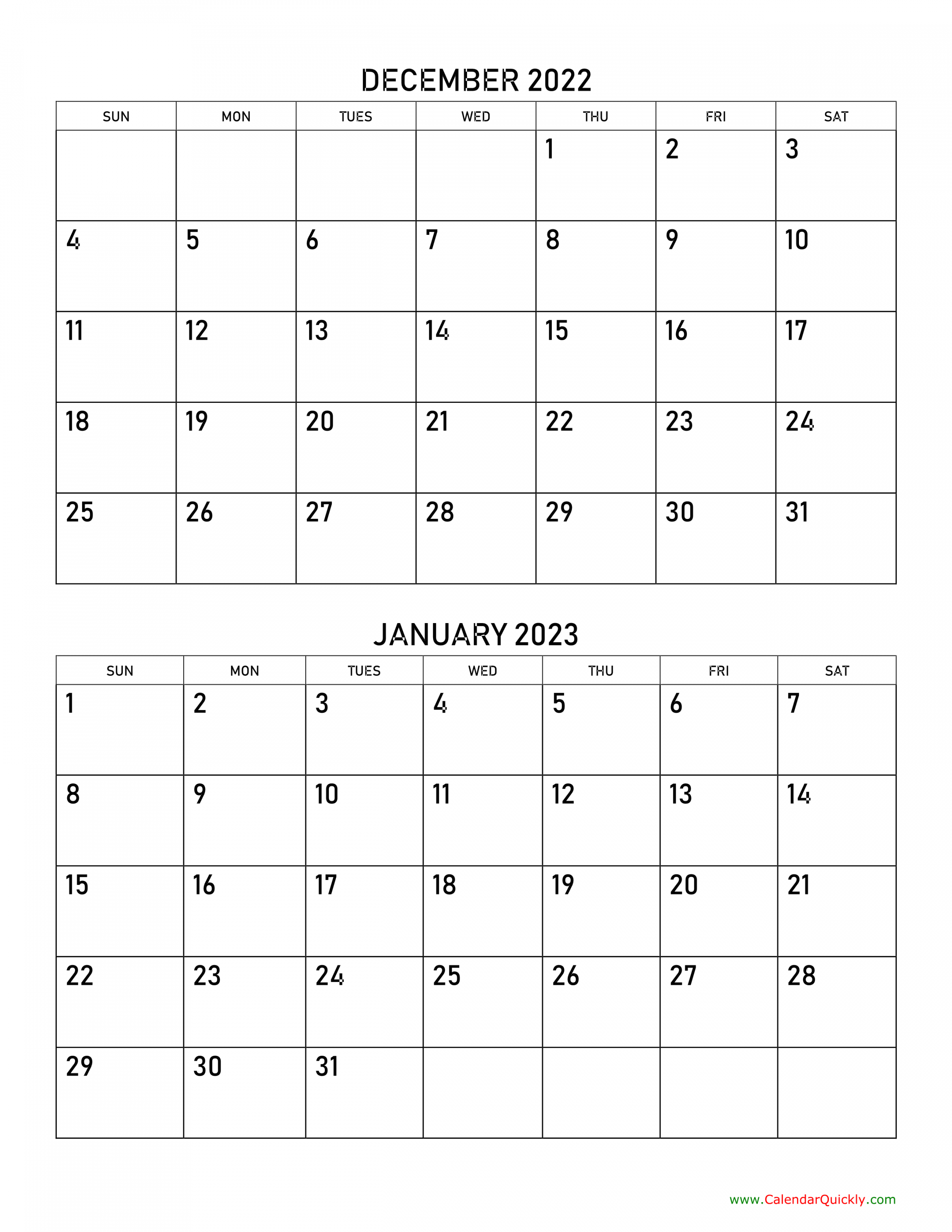 December  and January  Calendar  Calendar Quickly