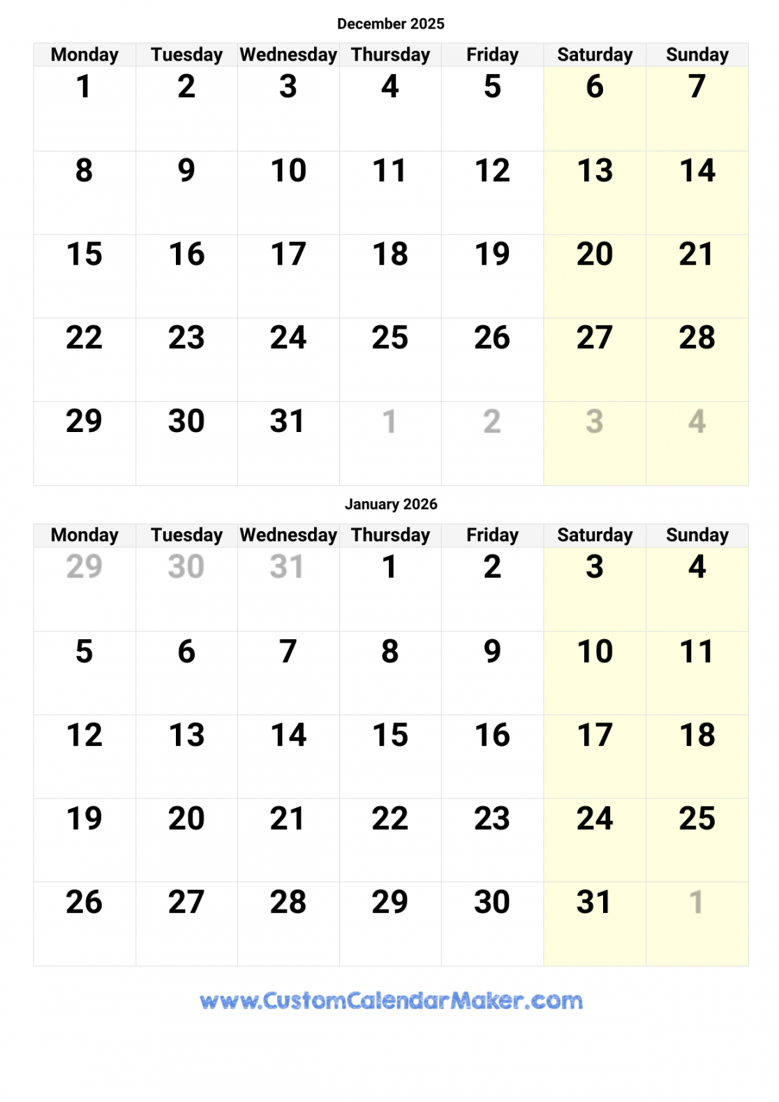 December  and January  Printable Calendar Template