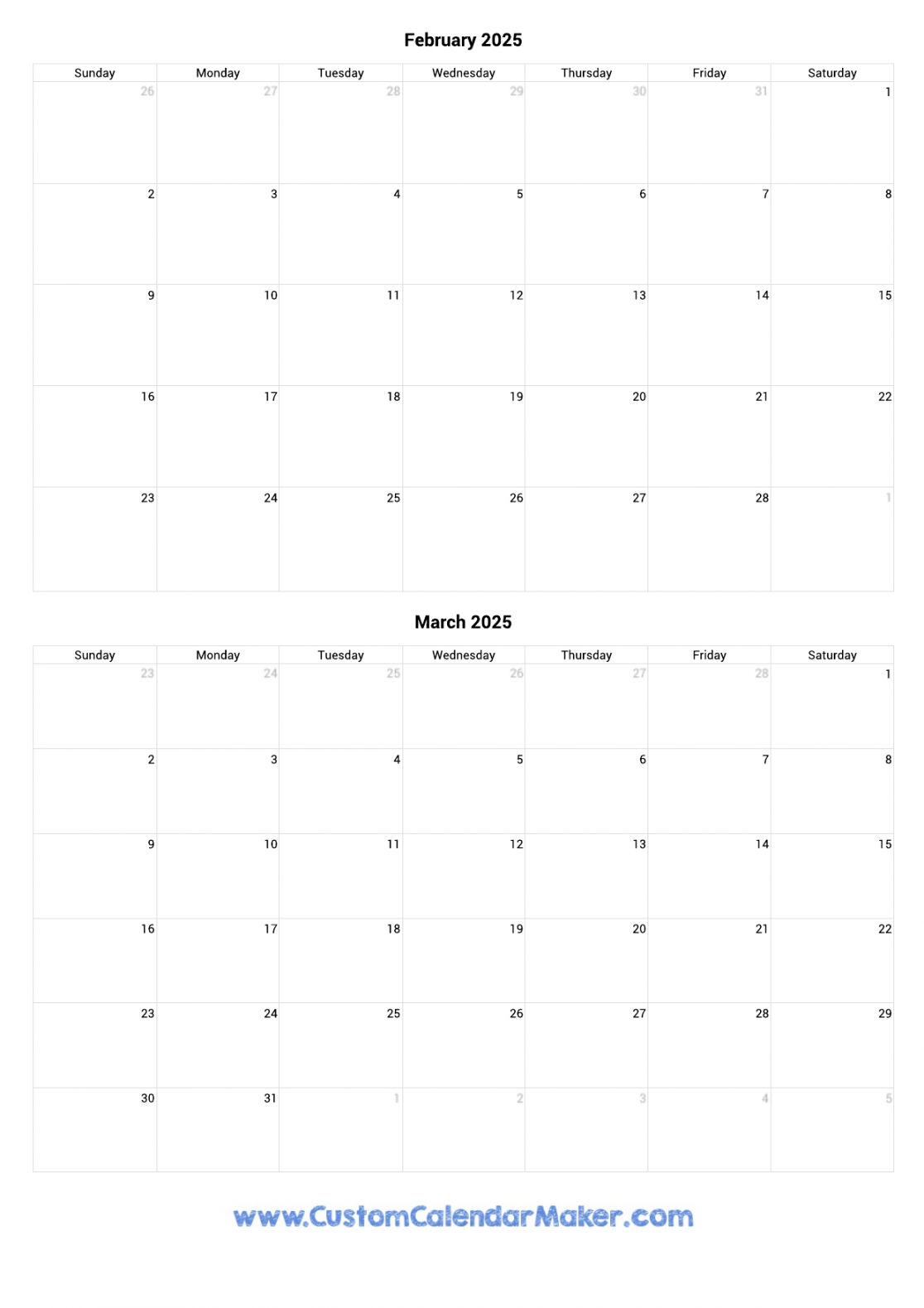 February and March  Calendar