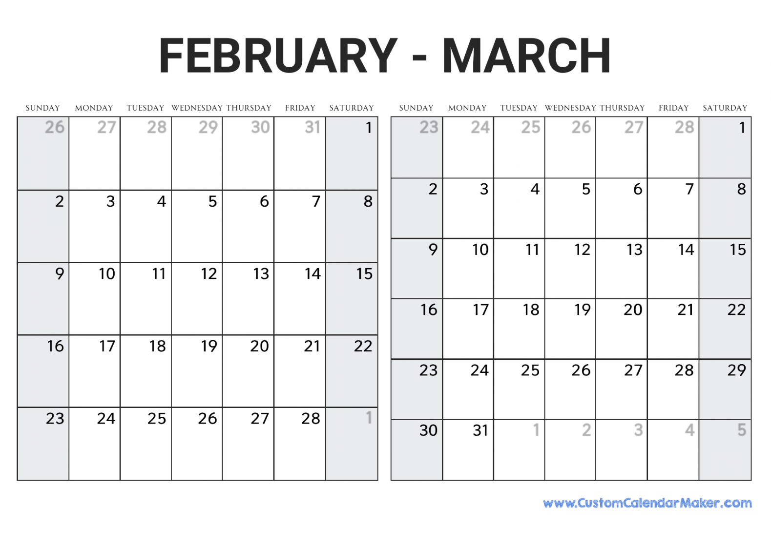 February and March  Calendar