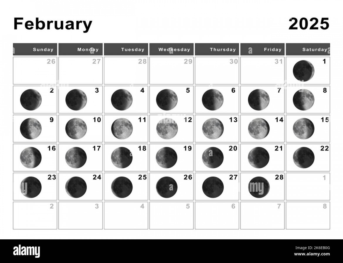 February  Lunar calendar, Moon cycles, Moon Phases Stock Photo