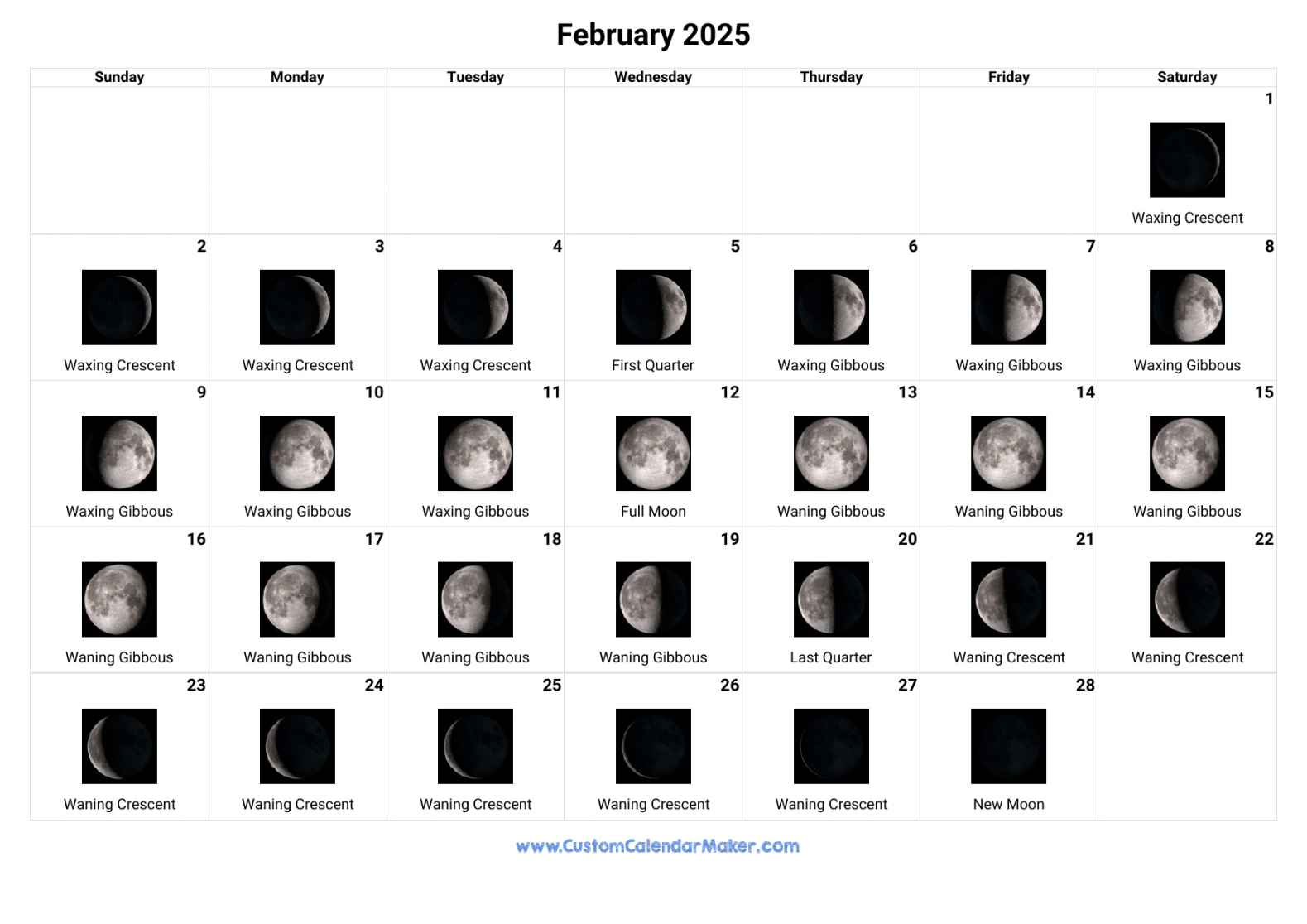 February  Moon Phases Calendar