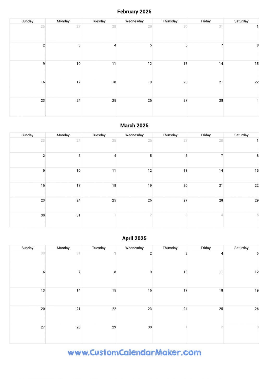 February to April  Calendar Printable